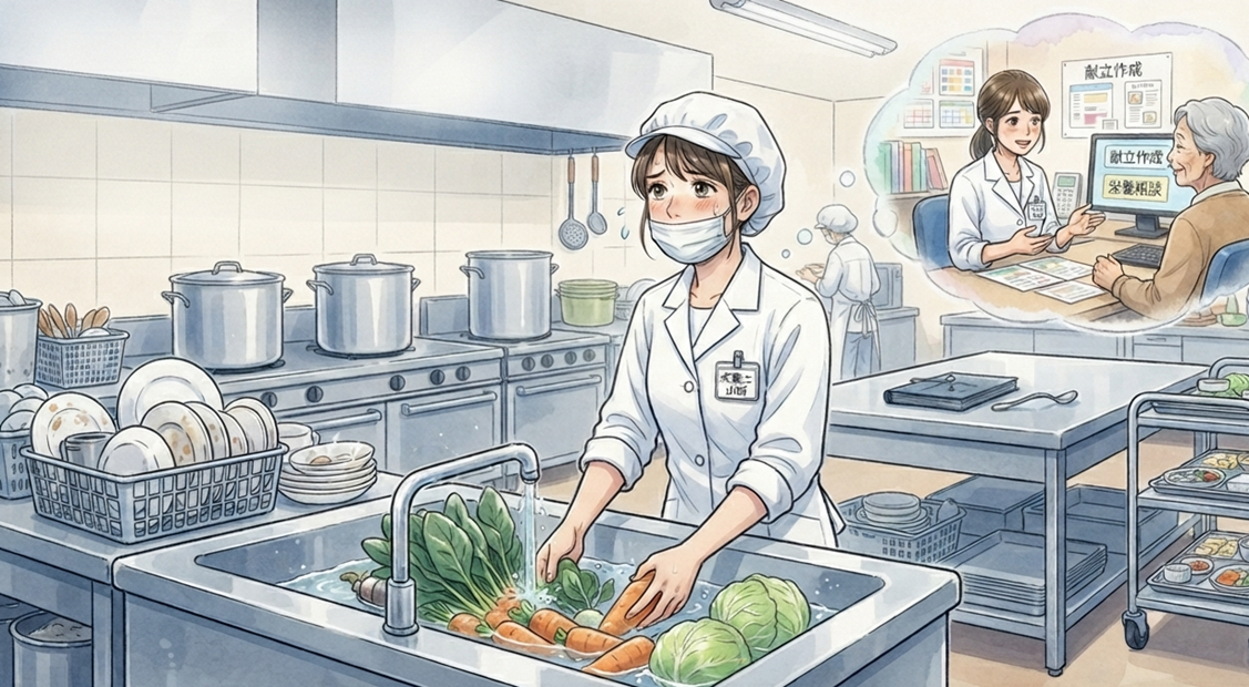 厨房で調理ばかり担当し理想とのギャップに悩む栄養士のイラスト