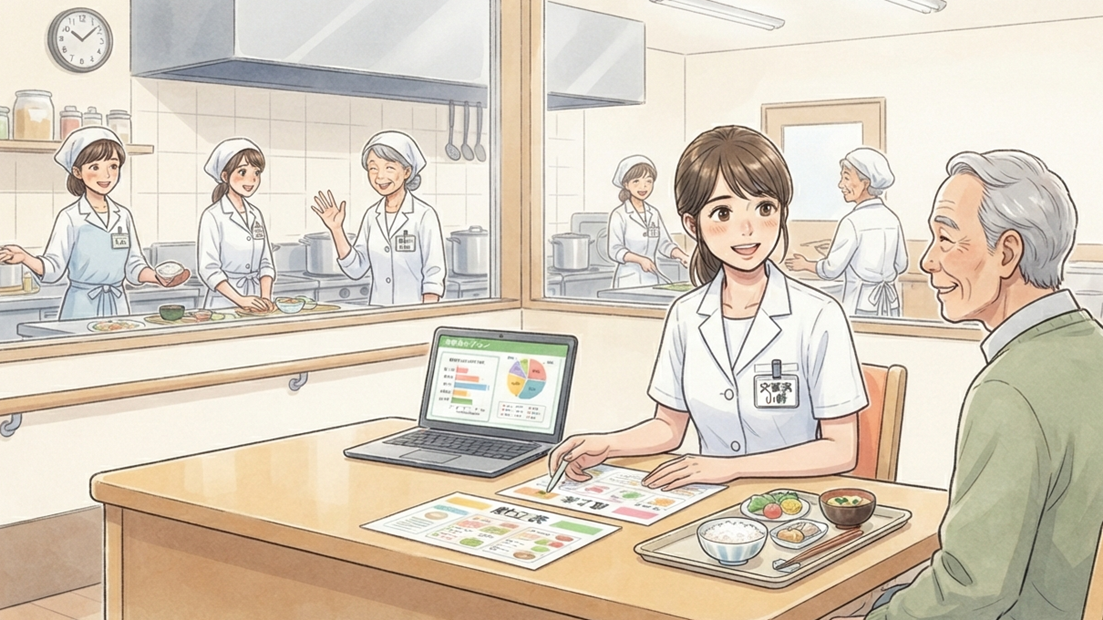 厨房経験を活かして栄養管理を行う管理栄養士のイラスト